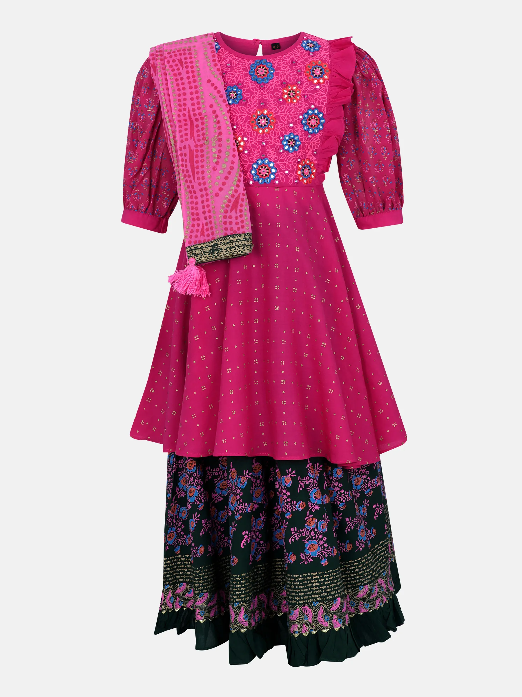 Fuchsia Printed and Embroidered Linen Ghagra Choli Set